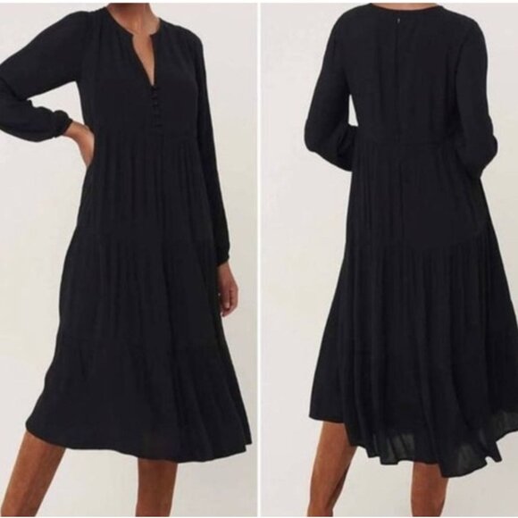 NWT LOFT Womens Tiered Midi Dress Petite Large Black Flowy Swing Boho V-Neck - Picture 1 of 14